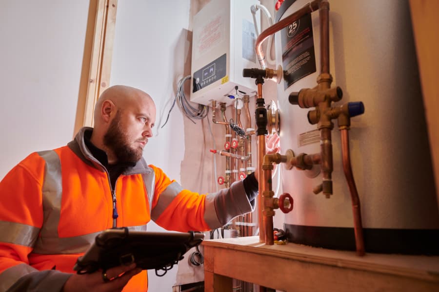 Professional with tablet inspecting water heater